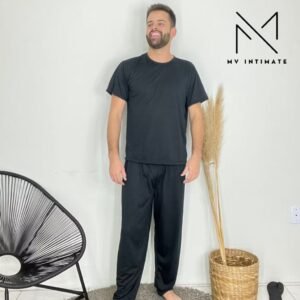 Pijama Masculino Longo Adulto Manga Curta Calça Meia Estação