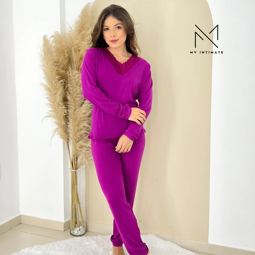 Pijama Longo Feminino Liso em Suede Gola V em Renda 680